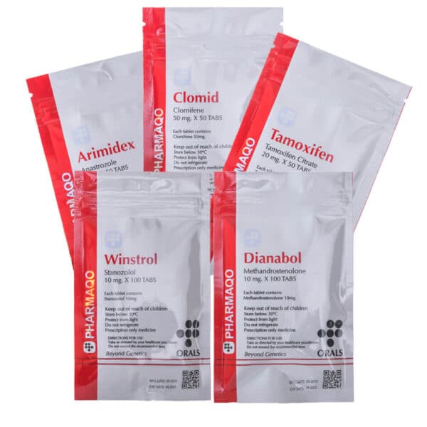 4 comprimidos para ganho de massa muscular seca, via oral, para uso por 4 semanas, com Dianabol, Winstrol e Proteções para TPC (Terapia Pós-Ciclo), da Pharmaqo Labs, 600x600.