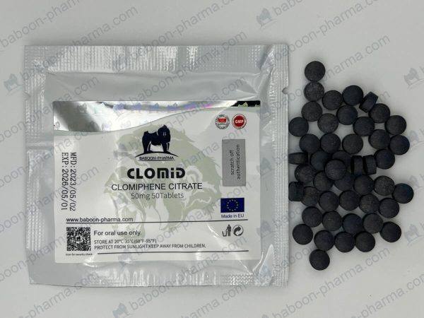 Comprimidos orais de Clomid 50 mg da Baboon Pharma.