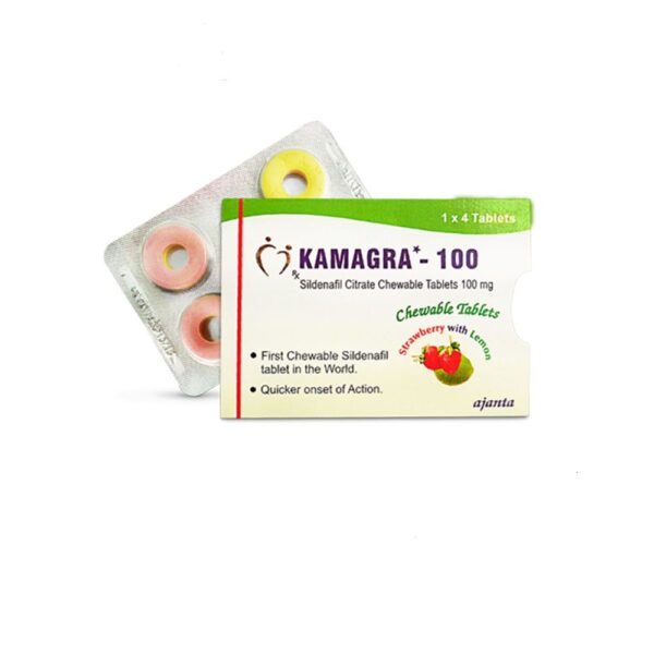 Kamagra 100 comprimidos de citrato de sildenafil sabor morango e limão (1 x 4 comprimidos) - Farmácia UE